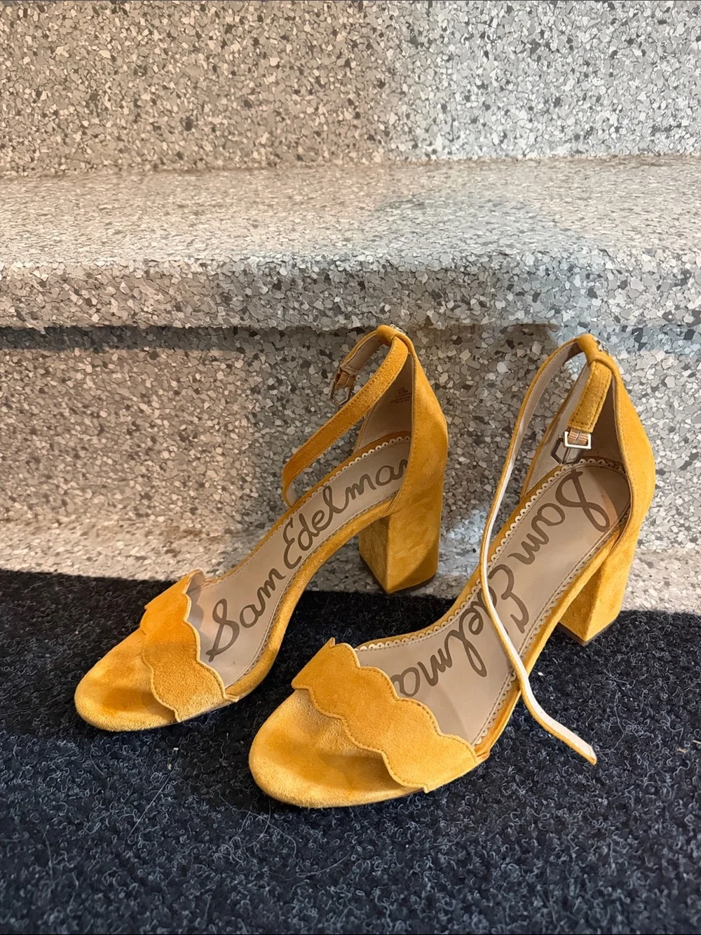 Sam Edelman Yellow Suede Scalloped Ankle-Strap Heels
